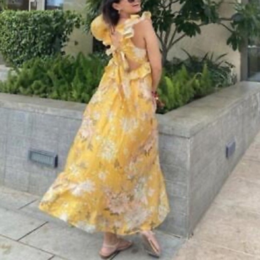 H&M Yellow Floral Ruffle Plunge Open Back Lyocell Midi Dress - Picture 11 of 15